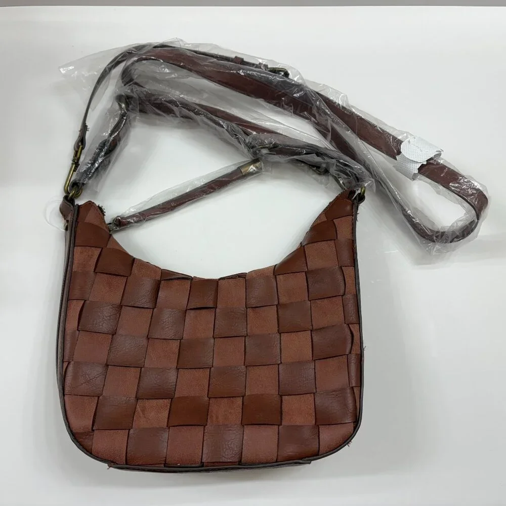 Time and Tru - Alice Crossbody Woven Vegan Brown Leather Hobo Bag - NWOT